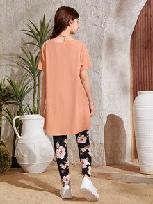 SHEIN Bộ hai mảnh Gái Cao thấp Gân đan Hoa Boho - Màu Cam san hô - Xem 2