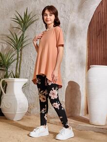 SHEIN Bộ hai mảnh Gái Cao thấp Gân đan Hoa Boho - Màu Cam san hô - Xem 3