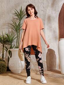 SHEIN Bộ hai mảnh Gái Cao thấp Gân đan Hoa Boho - Màu Cam san hô - Xem 4