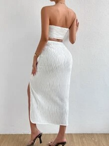 Breezaya Solid Tube Top & Twist Front Split Thigh Skirt - White - View 3