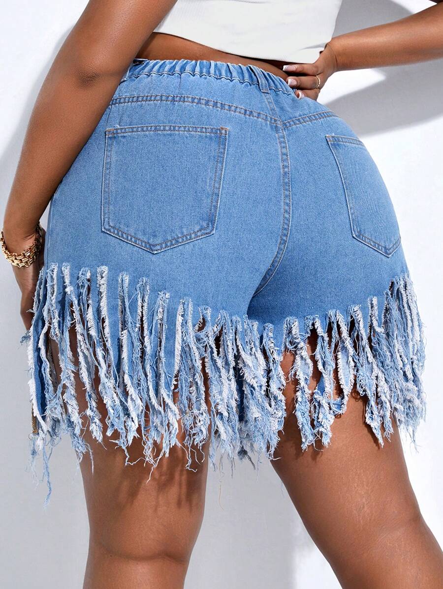 SHEIN SXY Plus Fringe Hem Denim Shorts - Light Wash - View 1