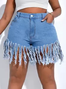 SHEIN SXY Plus Fringe Hem Denim Shorts - Light Wash - View 3