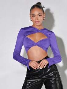 SHEIN BAE Twist Front Cut Out Crop Top - Violet Purple - View 1