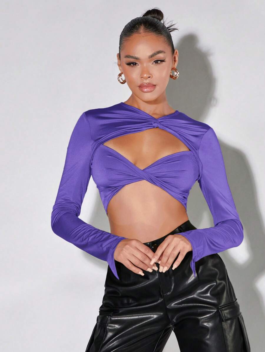 SHEIN BAE Twist Front Cut Out Crop Top - Violet Purple - View 1