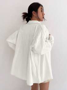 DAZY Áo sơ mi vá túi vai trơn, quần áo nữ mùa thu, áo dài tay - trắng - Xem 2