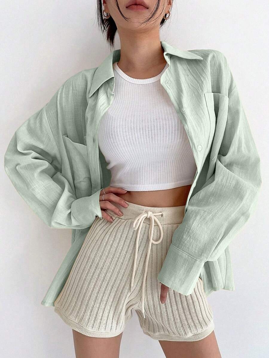 DAZY 净色落肩口袋贴片纽扣衬衫长袖上衣 - 綠色 - 查看 1