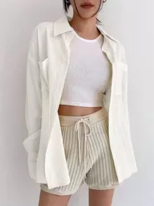 DAZY Áo sơ mi vá túi vai trơn, quần áo nữ mùa thu, áo dài tay - trắng - Xem 3