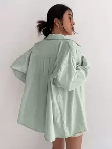 DAZY 净色落肩口袋贴片纽扣衬衫长袖上衣 - 綠色 - 查看 2