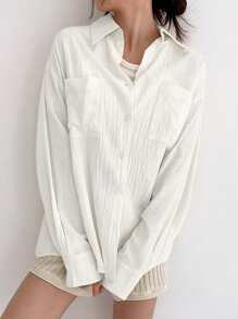 DAZY Áo sơ mi vá túi vai trơn, quần áo nữ mùa thu, áo dài tay - trắng - Xem 4