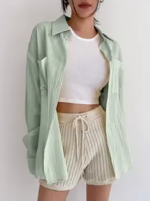 DAZY 净色落肩口袋贴片纽扣衬衫长袖上衣 - 綠色 - 查看 3