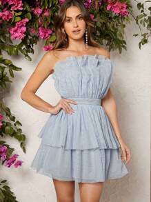 Hauture 多層下擺網紗抹胸連衣裙 - 淺藍色 - 查看 1