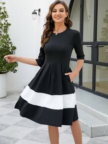 撞色隱藏口袋洋裝 - 黑色 - 查看 3