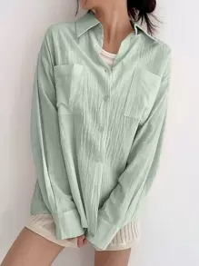 DAZY 净色落肩口袋贴片纽扣衬衫长袖上衣 - 綠色 - 查看 4