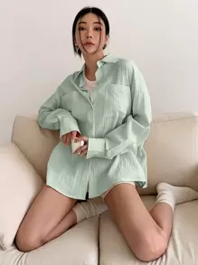 DAZY 净色落肩口袋贴片纽扣衬衫长袖上衣 - 綠色 - 查看 5