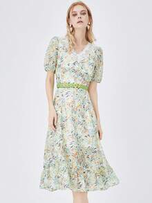 JAZZEVAR Ditsy Floral Print Contrast Lace Ruffle Hem Dress - Multicolor - View 1