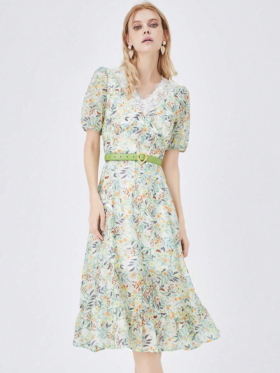 JAZZEVAR Ditsy Floral Print Contrast Lace Ruffle Hem Dress - Multicolor - View 1