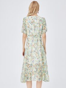 JAZZEVAR Ditsy Floral Print Contrast Lace Ruffle Hem Dress - Multicolor - View 2