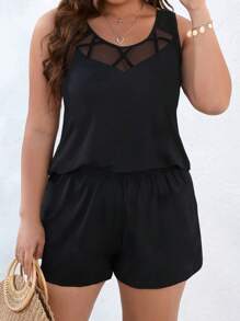 SHEIN Clasi Bộ thời trang Plus Size Tương phản Mesh màu trơn Giải trí - màu đen - Xem 3