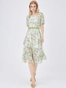 JAZZEVAR Ditsy Floral Print Contrast Lace Ruffle Hem Dress - Multicolor - View 3