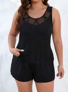 SHEIN Clasi Bộ thời trang Plus Size Tương phản Mesh màu trơn Giải trí - màu đen - Xem 1