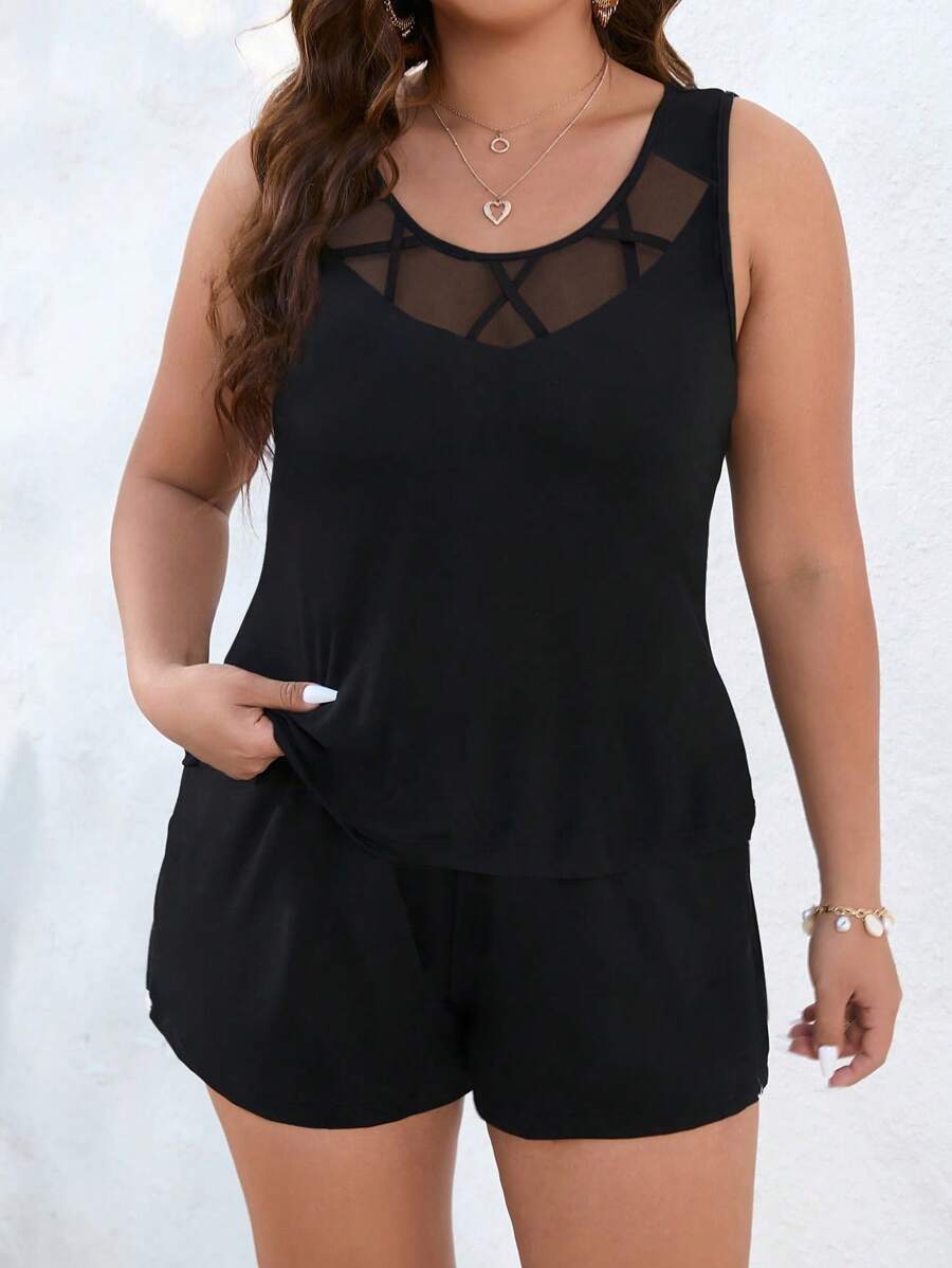 SHEIN Clasi Bộ thời trang Plus Size Tương phản Mesh màu trơn Giải trí - màu đen - Xem 1