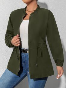 SHEIN LUNE 大碼腰部抽繩拉鏈開襟夾克 - 軍綠色 - 查看 1