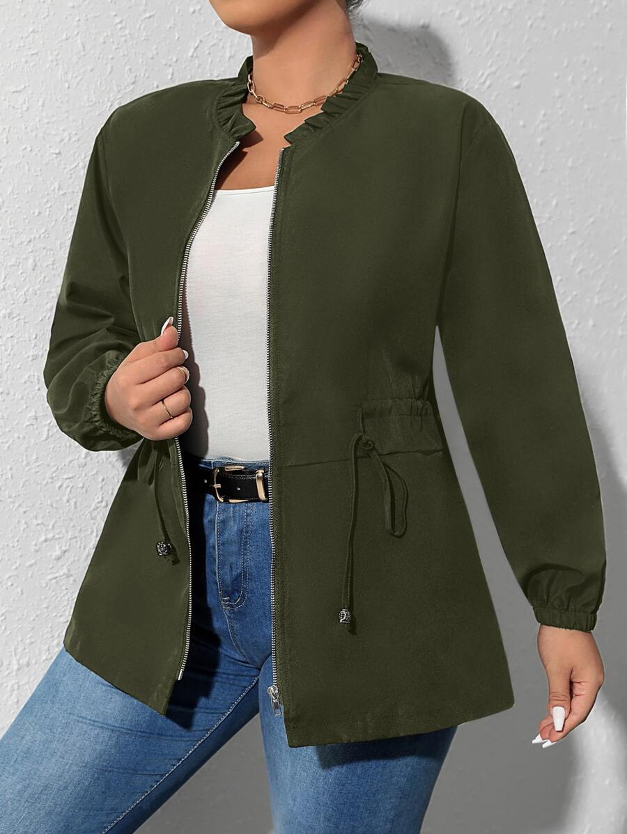 SHEIN LUNE 大碼腰部抽繩拉鏈開襟夾克 - 軍綠色 - 查看 1