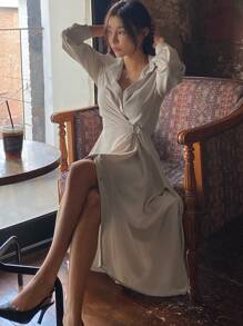 DAZY Solid Button Front Wrap Knot Side Shirt Dress - Grey - View 1