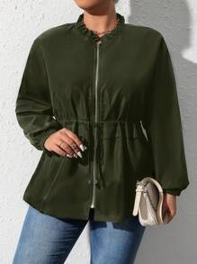SHEIN LUNE 大碼腰部抽繩拉鏈開襟夾克 - 軍綠色 - 查看 5