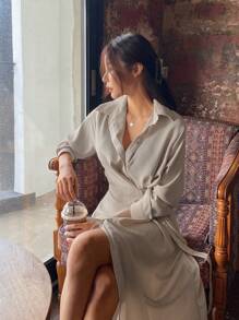 DAZY Solid Button Front Wrap Knot Side Shirt Dress - Grey - View 3