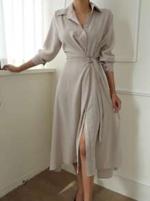 DAZY Solid Button Front Wrap Knot Side Shirt Dress - Grey - View 4
