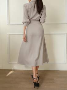 DAZY Solid Button Front Wrap Knot Side Shirt Dress - Grey - View 5