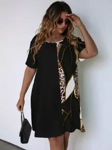 SHEIN LUNE Plus Leopard Print Dress - Black and White - View 1