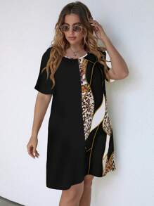 SHEIN LUNE Plus Leopard Print Dress - Black and White - View 3