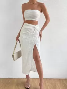 Breezaya Solid Tube Top & Twist Front Split Thigh Skirt - White - View 5