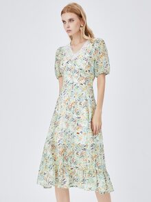 JAZZEVAR Ditsy Floral Print Contrast Lace Ruffle Hem Dress - Multicolor - View 5