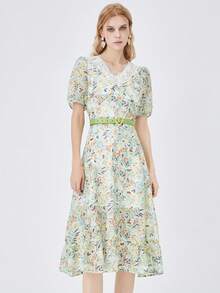 JAZZEVAR Ditsy Floral Print Contrast Lace Ruffle Hem Dress - Multicolor - View 6