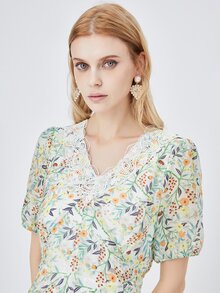 JAZZEVAR Ditsy Floral Print Contrast Lace Ruffle Hem Dress - Multicolor - View 7