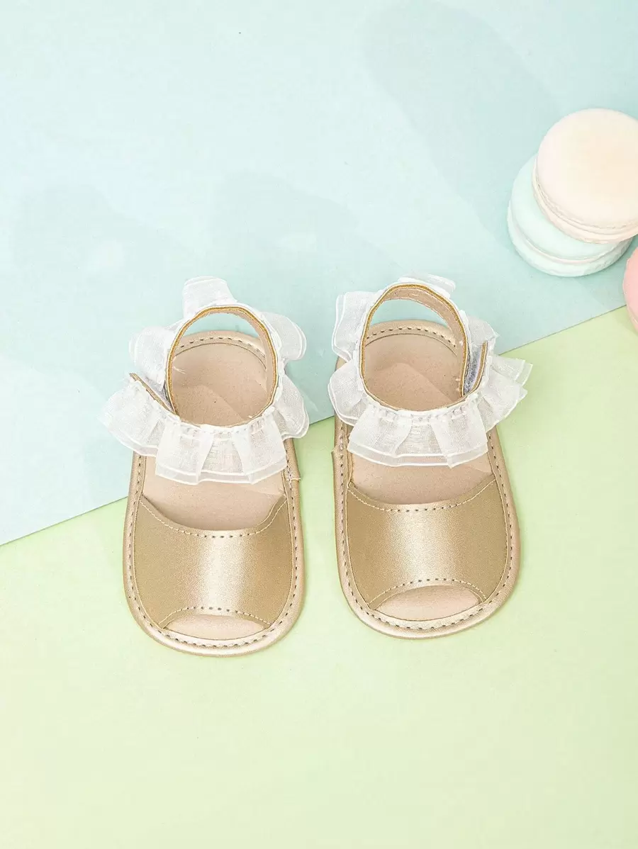 Baby Ruffle Trim Ankle Strap Sandals, Cute Outdoor Metallic Sandals - Gold - View 1