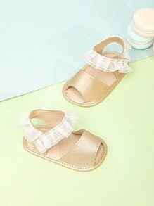 Baby Ruffle Trim Ankle Strap Sandals, Cute Outdoor Metallic Sandals - Gold - View 3