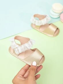 Baby Ruffle Trim Ankle Strap Sandals, Cute Outdoor Metallic Sandals - Gold - View 5