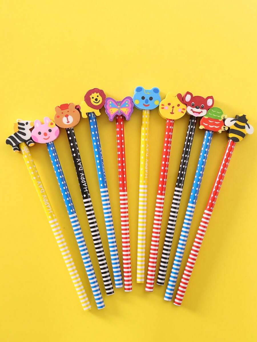 10支裝條紋和圓點圖案木製鉛筆帶動物橡皮擦學生用創意便攜式鉛筆寫作繪畫 - 彩色 - 查看 1