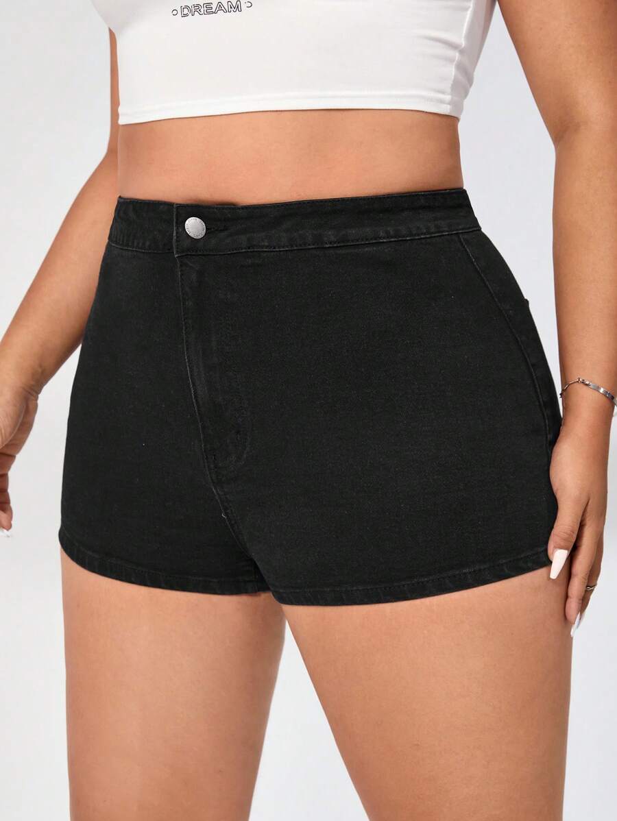 SHEIN EZwear Quần short denim oversized Nút Túi Dây kéo màu trơn - màu đen - Xem 1