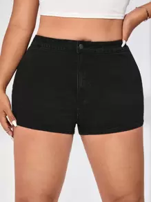 SHEIN EZwear Quần short denim oversized Nút Túi Dây kéo màu trơn - màu đen - Xem 4