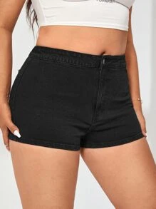 SHEIN EZwear Quần short denim oversized Nút Túi Dây kéo màu trơn - màu đen - Xem 3