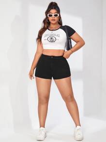 SHEIN EZwear Quần short denim oversized Nút Túi Dây kéo màu trơn - màu đen - Xem 6