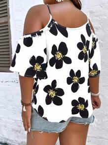 SHEIN Holidaya Áo sơ mi Plus Size Cắt ra Hoa Tất cả trên in Giải trí - trắng - Xem 2