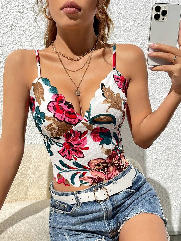 SHEIN Privé Floral Print Scallop Trim Cami Top - White - View 4