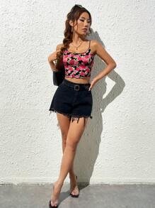 SHEIN Privé Floral Print Lettuce Trim Crop Cami Top - Multicolor - View 6