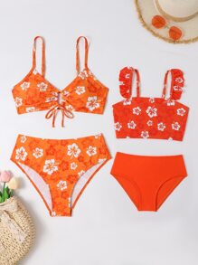 Swim Mod 1 Bộ Bikini Dây Rút In Hoa Đi Biển Mùa Hè Bộ Đồ Tắm - trái cam - Xem 2